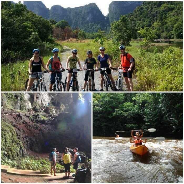 Photo montage of cycling, kayaking and cave exploration.