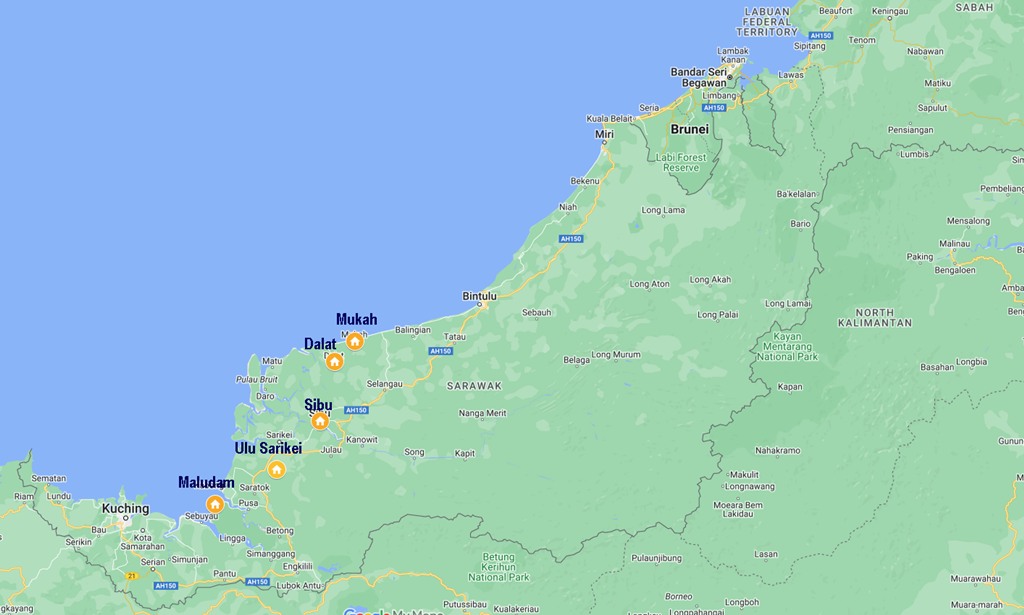 screen capture of towns in Central Sarawak covered in this blog